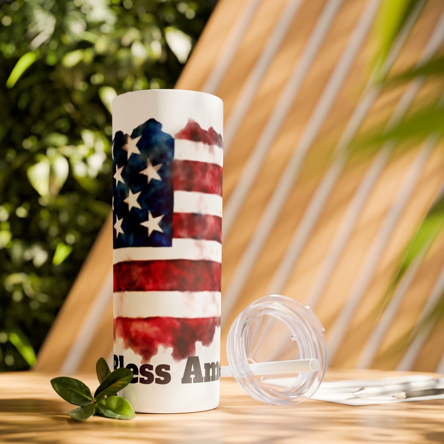 Skinny Tumbler with Straw, 20oz- God Bless America